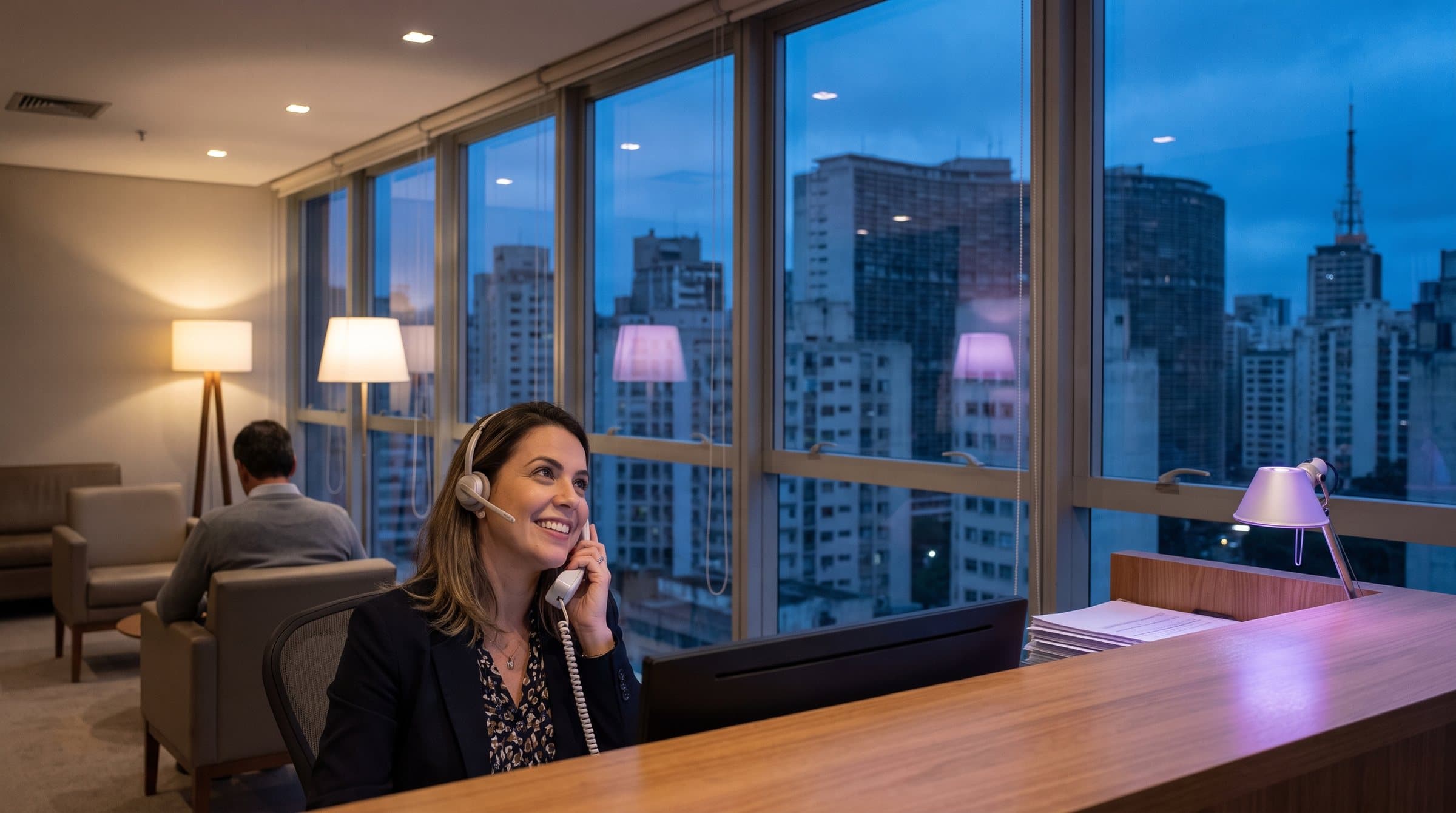Recepcionista com headset atendendo o telefone na recepção de uma clínica no alto de São Paulo, com os prédios da cidade na hora azul