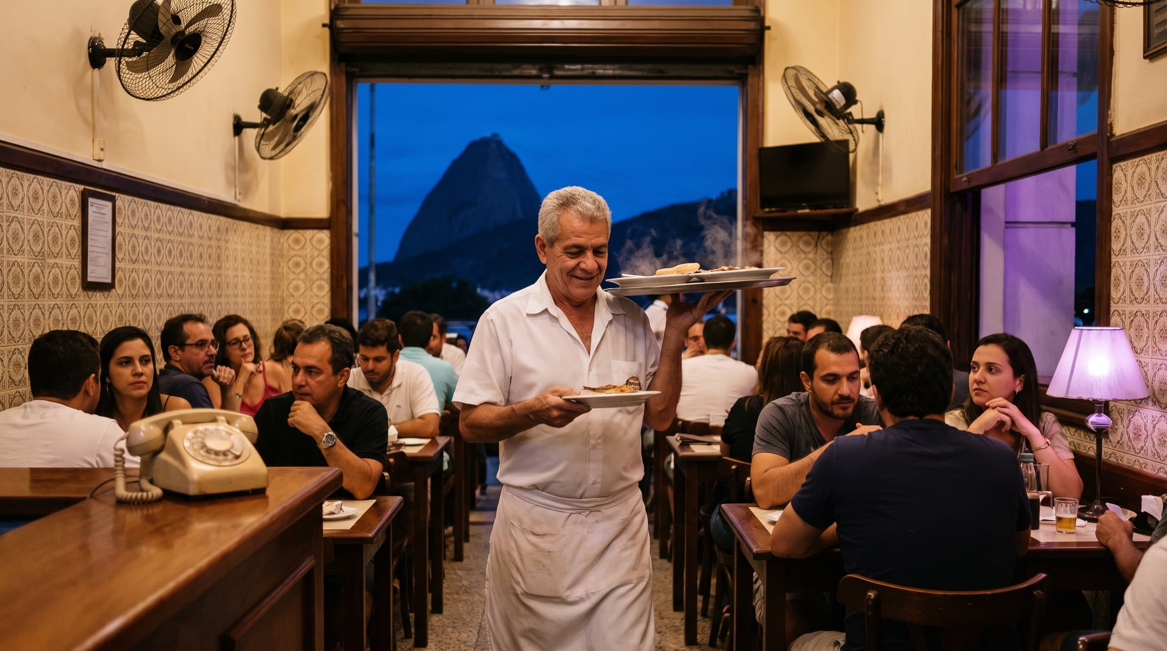 Garçom levando pratos em um restaurante de azulejos no Rio de Janeiro, com o Pão de Açúcar ao fundo