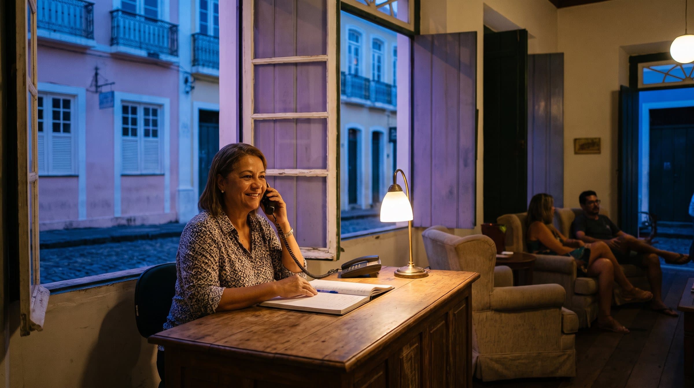 Recepcionista noturno ao telefone em uma pousada no Pelourinho, em Salvador, com casarões coloniais na hora azul