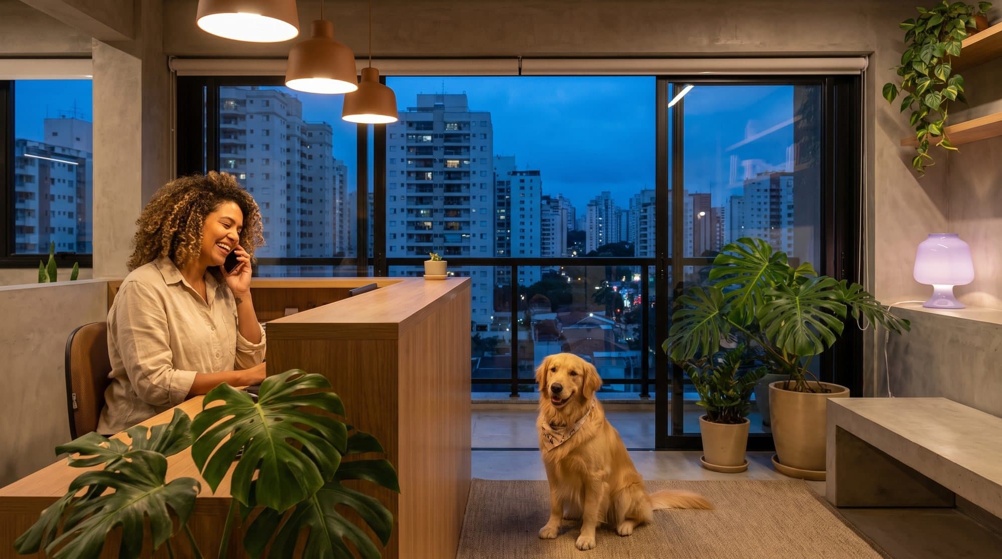 Atendente ao telefone à noite em uma recepção de São Paulo, com um cachorro ao lado